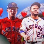 Houston Astros player Alex Bregman on one side of the image, with the heart break emoji around him , and Houston Astros player Jose Altuve on the other side, with hearts around him