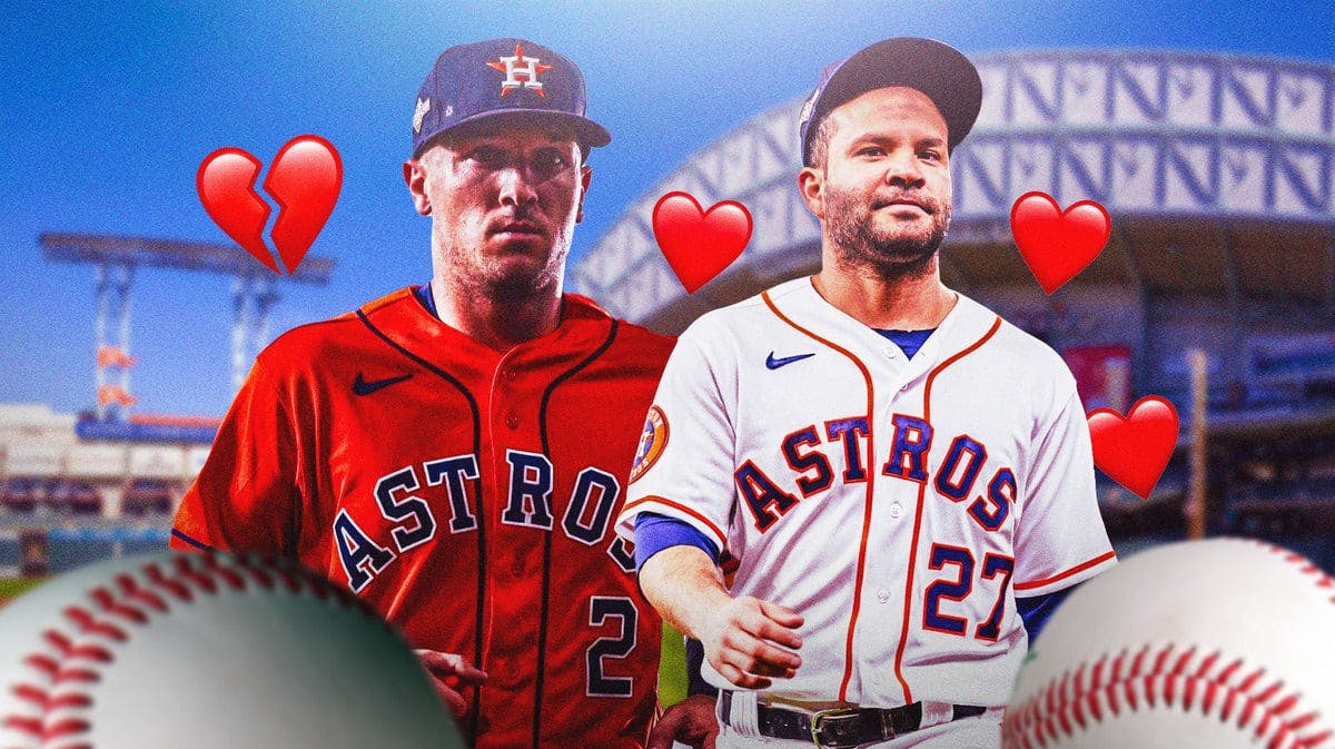 Houston Astros player Alex Bregman on one side of the image, with the heart break emoji around him , and Houston Astros player Jose Altuve on the other side, with hearts around him