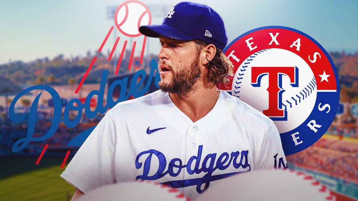 Clayton Kershaw looking serious in front. Dodgers logo, Rangers logo in background.