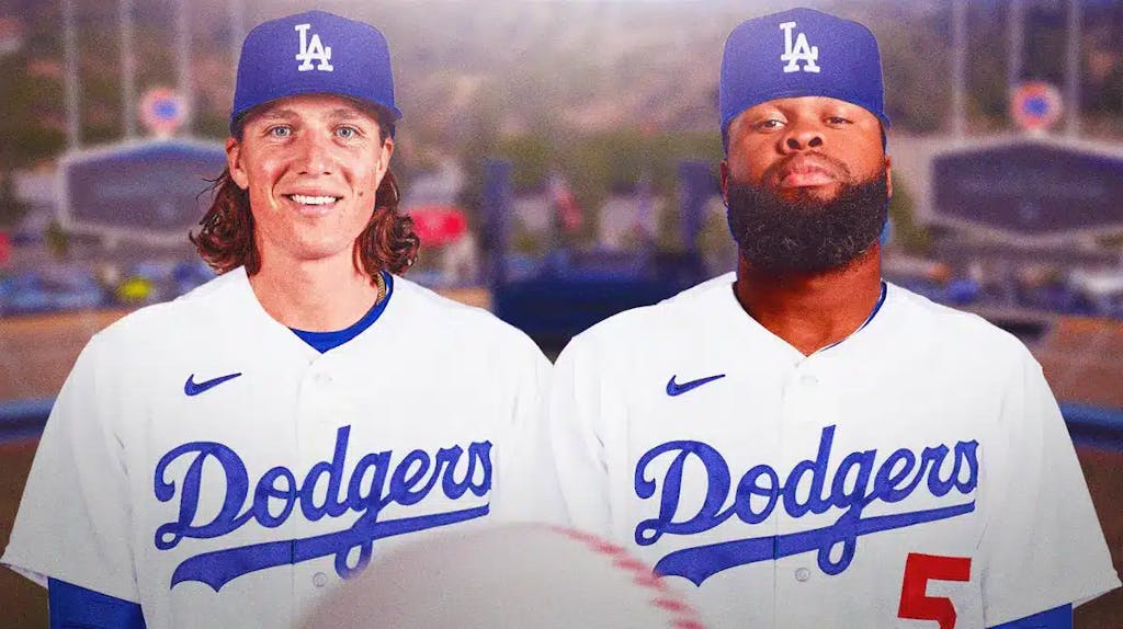 Tyler Glasnow and Manuel Margot in Dodgers jerseys