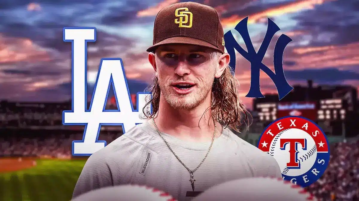 MLB pitcher Josh Hader and logos for the LA Dodgers, NY Yankees, and Texas Rangers to show they are interested in signing him.