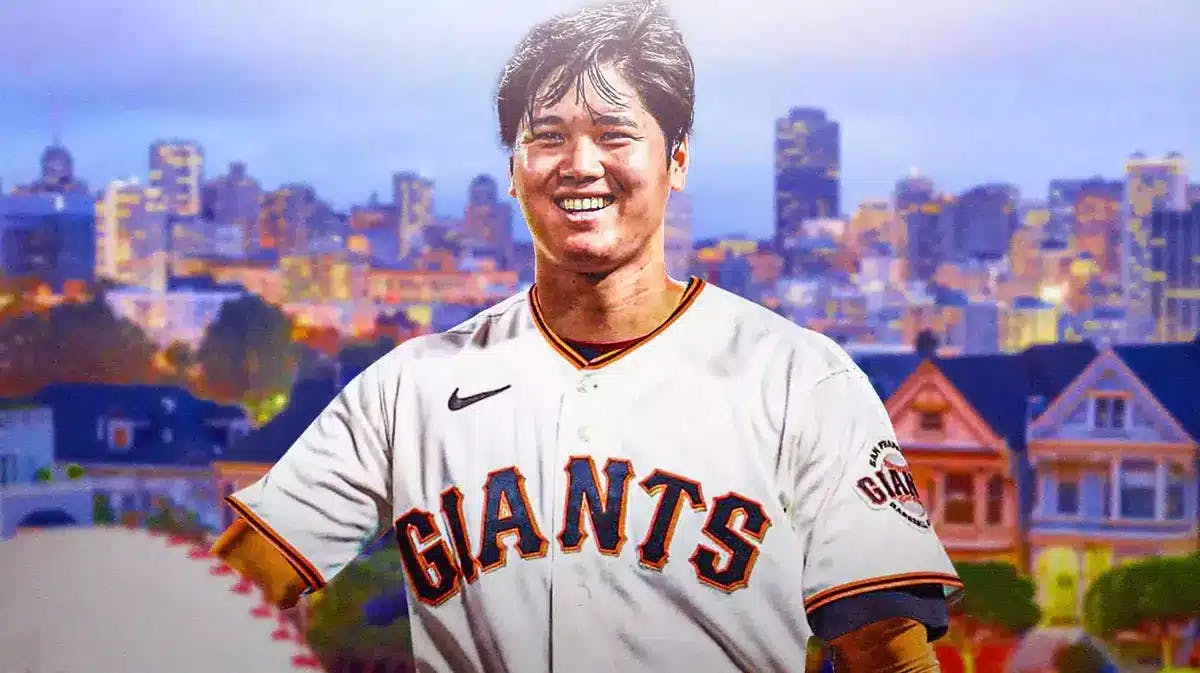 Shohei Ohtani in a Giants uniform. Place the city of San Francisco in background