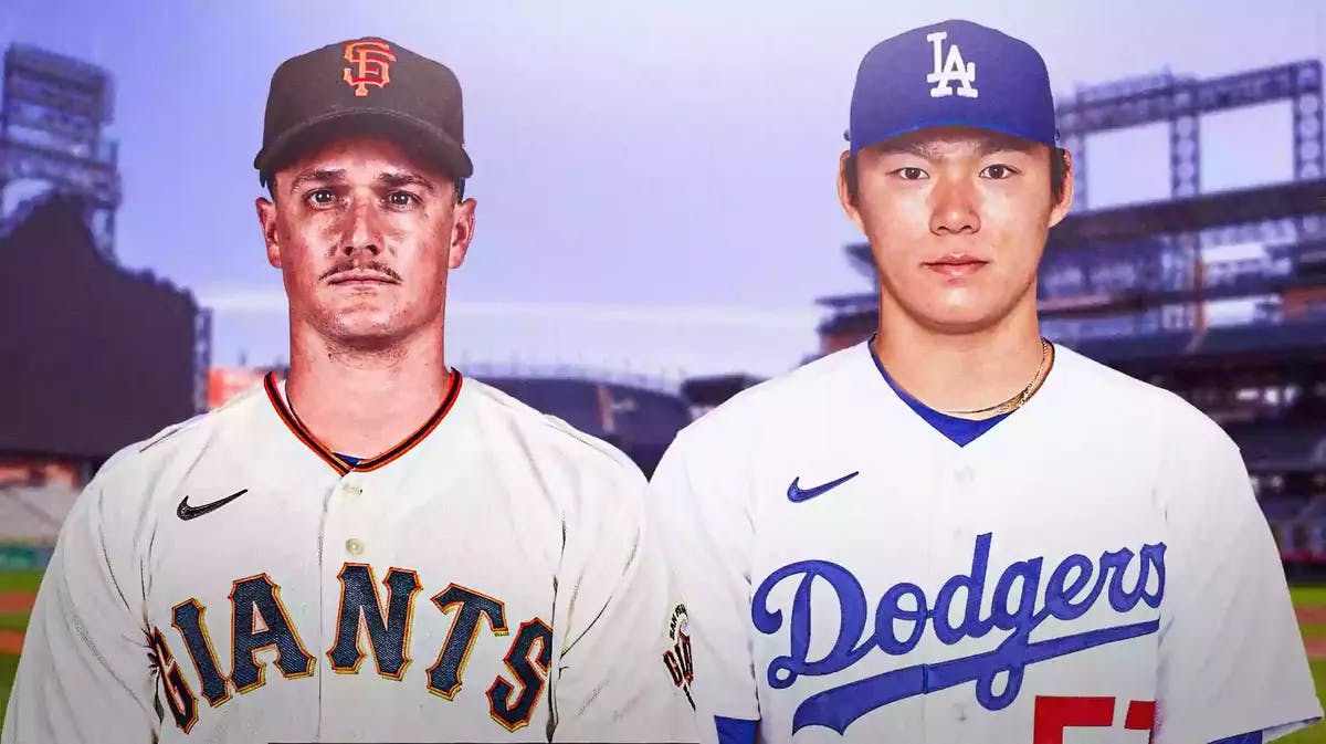 Matt Chapman in a Giants uniform next to Yoshinobu Yamamoto in a Dodgers uniform.