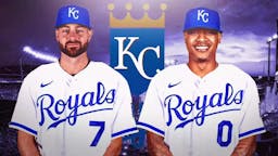 Lucas Giolito and Marcus Stroman both in Kansas City Royals uniforms with the Royals logo in background.