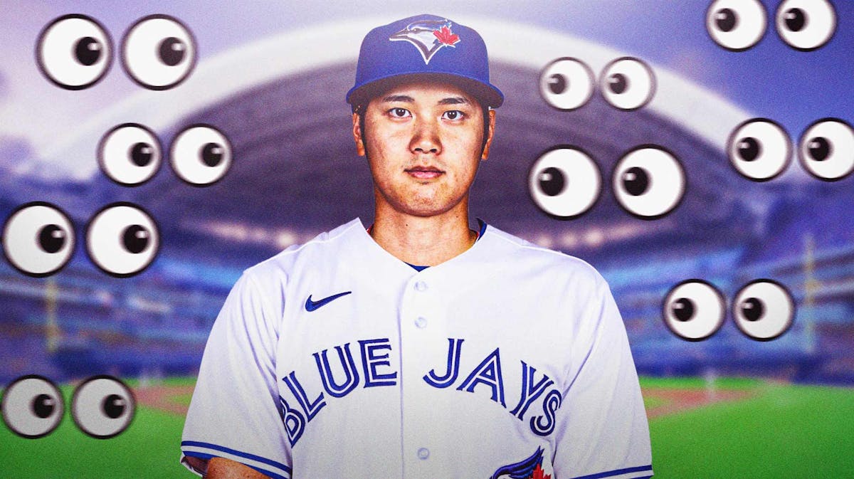Shohei Ohtani in a Blue Jays uniform. Eyeball emojis around him.