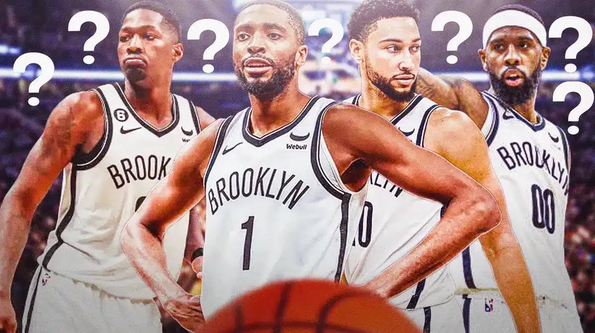 Nets' Mikal Bridges, Nets' Ben Simmons, Nets' Dorian Finney-Smith, and Nets' Royce O’Neale in image with question marks everywhere.