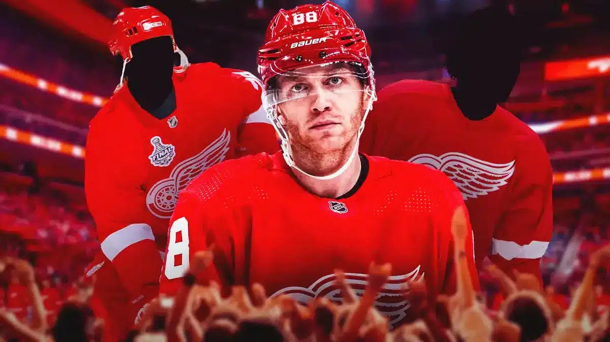 Patrick Kane in middle looking happy in DET Red Wings jerseys, two silhouetted Red Wings players on either side, DET Red Wings logo, hockey rink in background