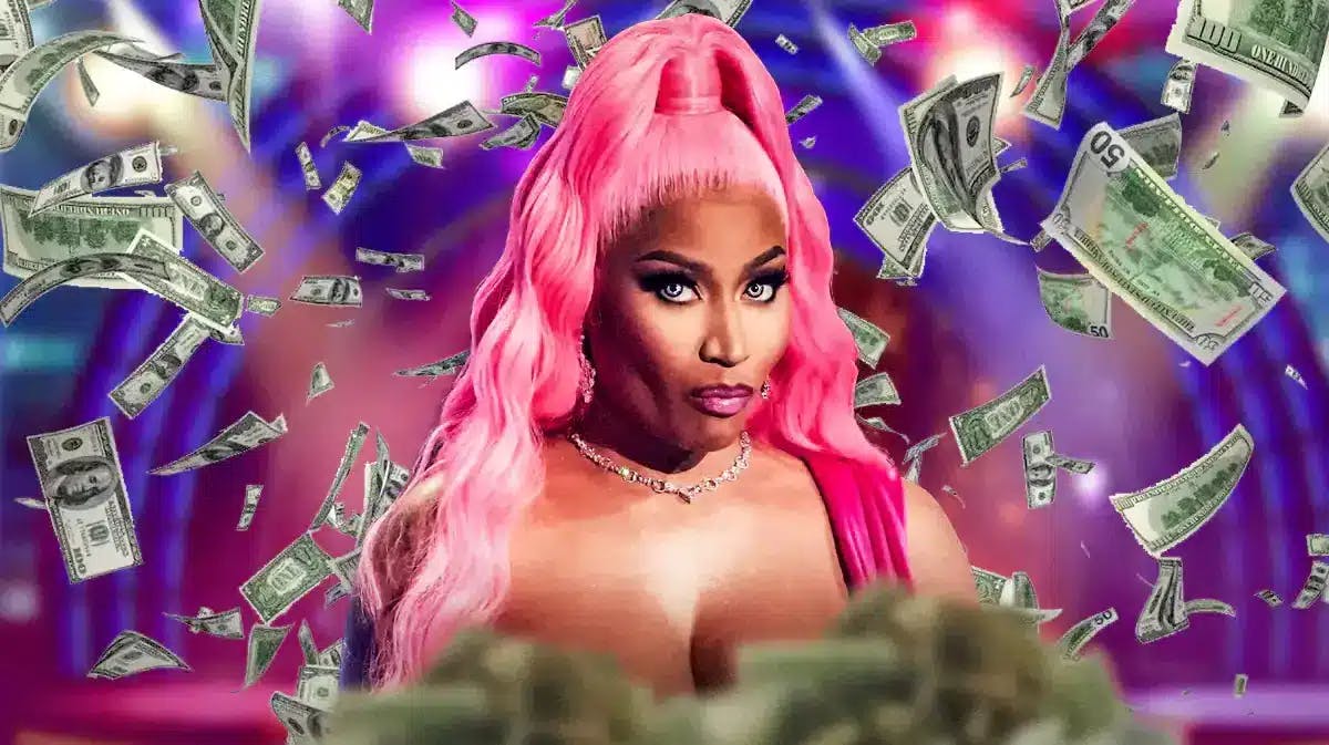 Nicki Minaj surrounded by piles of cash.