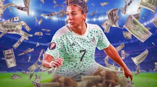 Houston Dash soccer player Maria Sanchez on a soccer field, surrounded by stacks of money and dollar bills