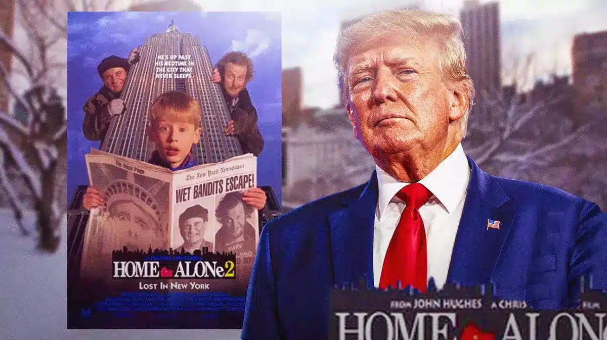 Home Alone 2 poster with Donald Trump and Central Park background.