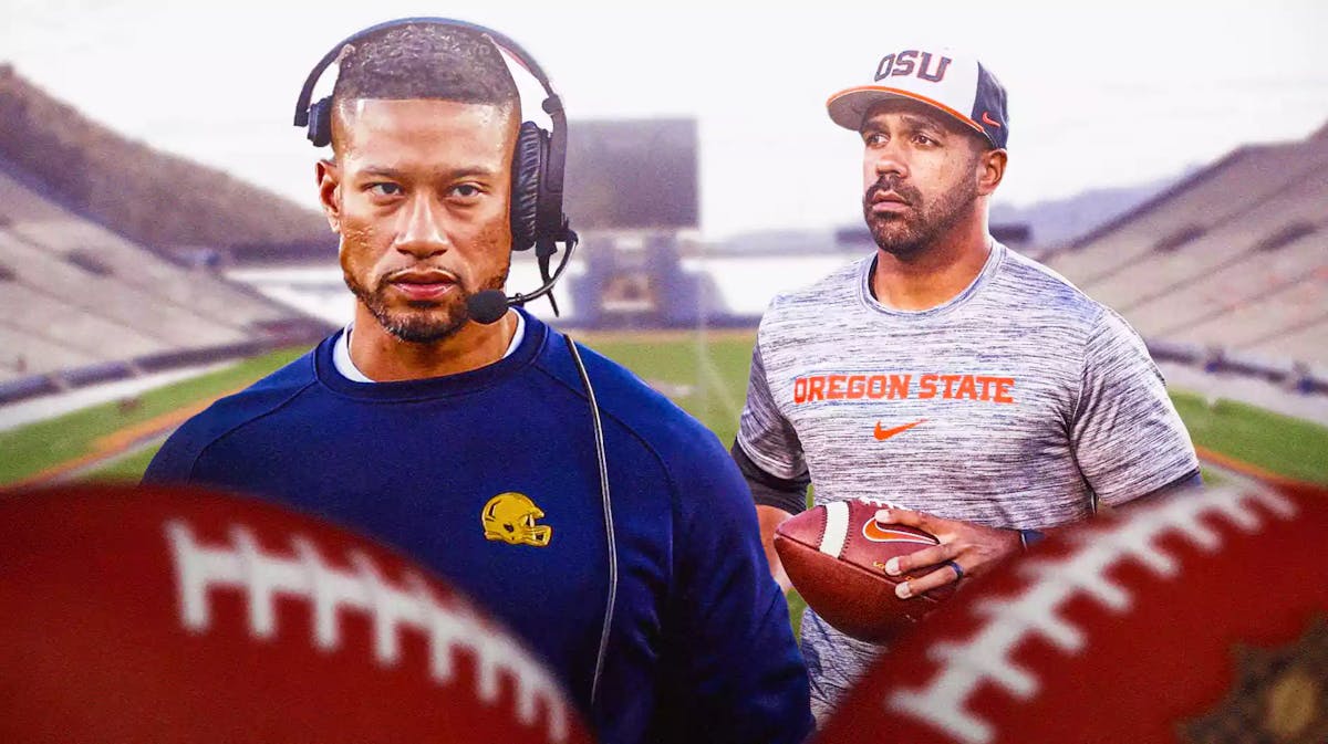 Notre Dame football, Oregon State football, Notre Dame football predictions, Oregon State football predictions, Sun Bowl, Marcus Freeman and Anthony Perkins with Sun Bowl stadium in the background