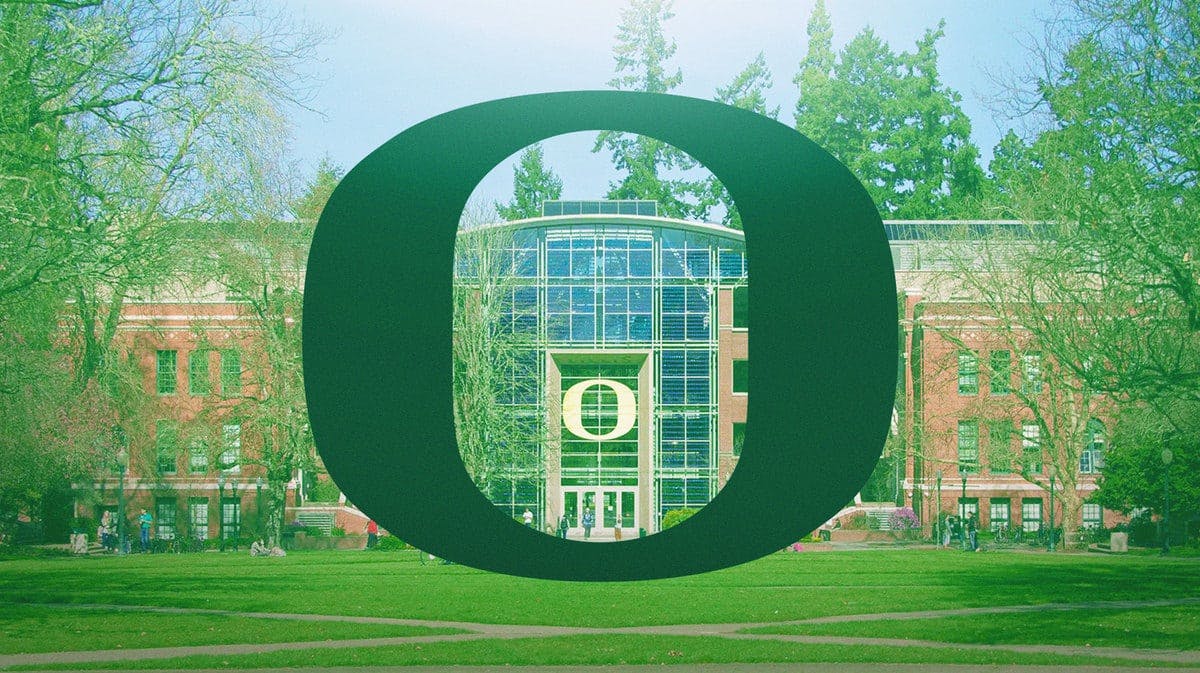 The University of Oregon campus in the background, with the University of Oregon logo, The school is facing an NIL Title IX lawsuit