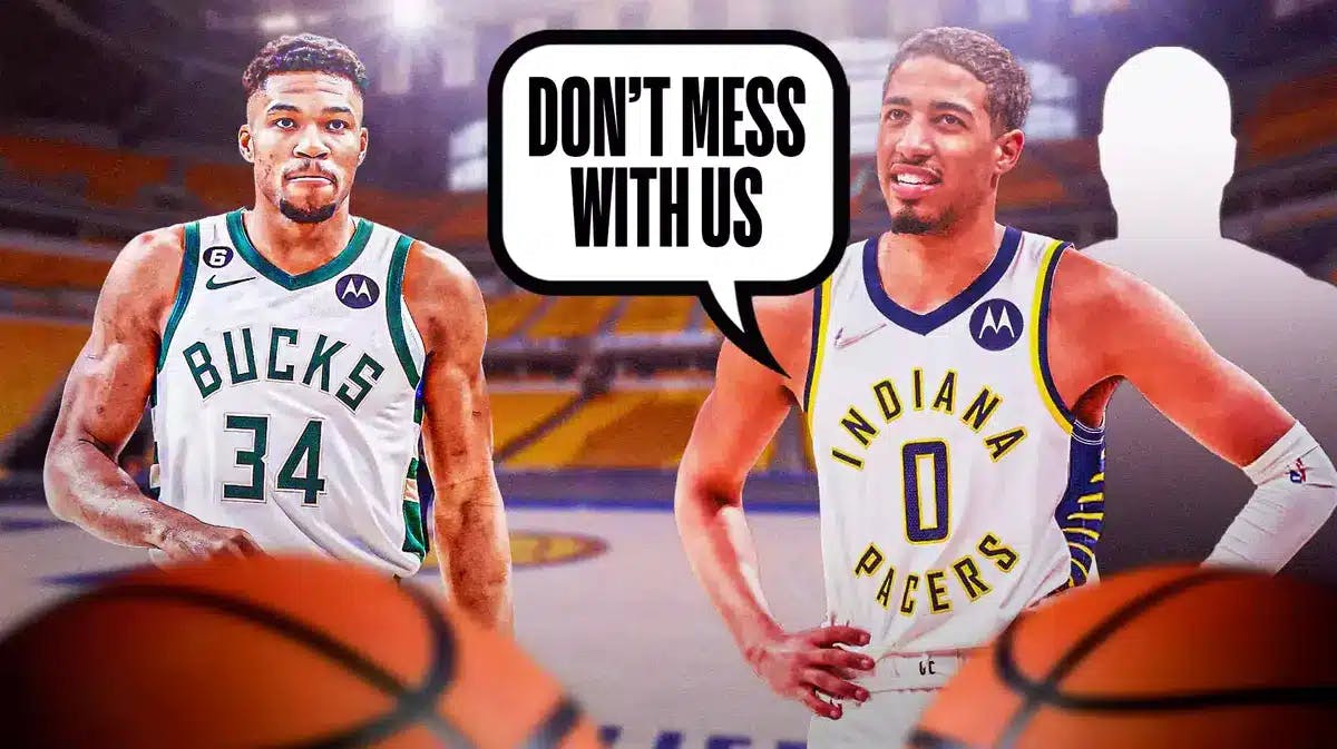 Pacers' Tyrese Haliburton next to Giannis Antetokounmpo and blanked out player
