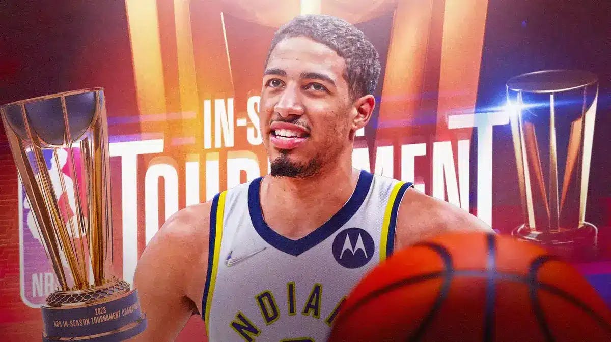 Pacers' Tyrese Haliburton in front of image. NBA In-Season Tournament logo in background.