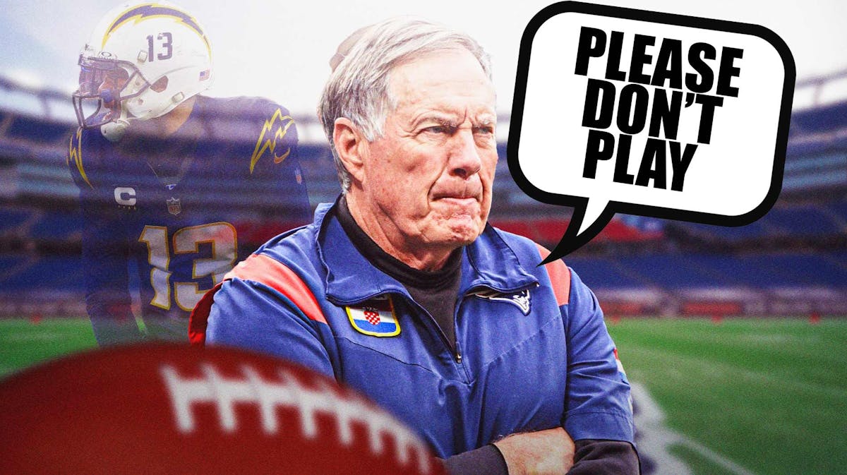 Patriots coach Bill Belichick with quote bubble saying “please don’t play" to Chargers receiver Keenan Allen