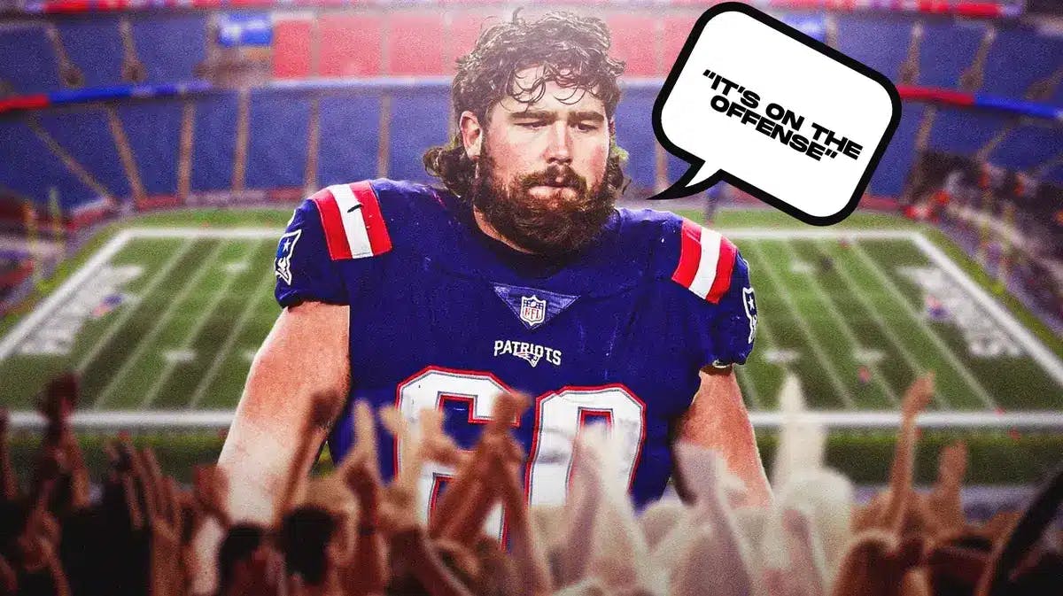 Patriots center David Andrews with a quote bubble saying "It's on the offense"