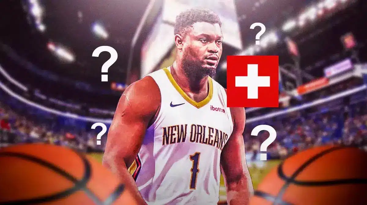 Zion Williamson with question marks and red medical symbol