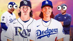 Tyler Glasnow in a Dodgers uniform. Ryan Pepiot in a Rays uniform. Dodgers' Dave Roberts, Rays' Kevin Cash in background with their eyes popping out.