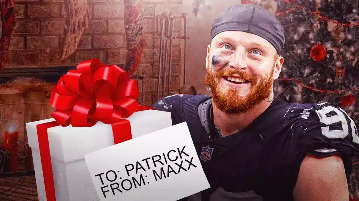 Raiders edge rusher Maxx Crosby with a gift for Chiefs QB Patrick Mahomes