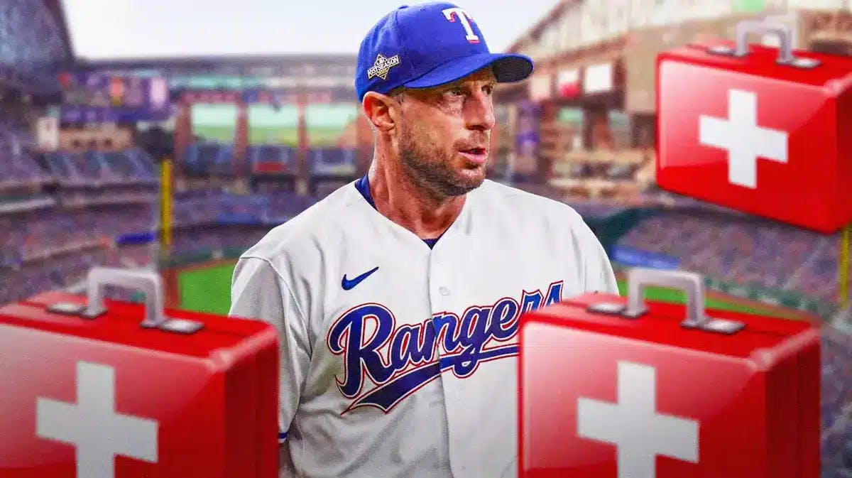 Max Scherzer in a Texas Rangers uniform looking sad with a medical cross next to him