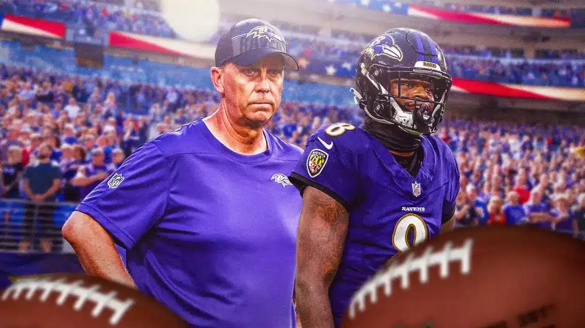 Photo: Lamar Jackson in Ravens uniform and Todd Monken in Ravens gear with fans in the background