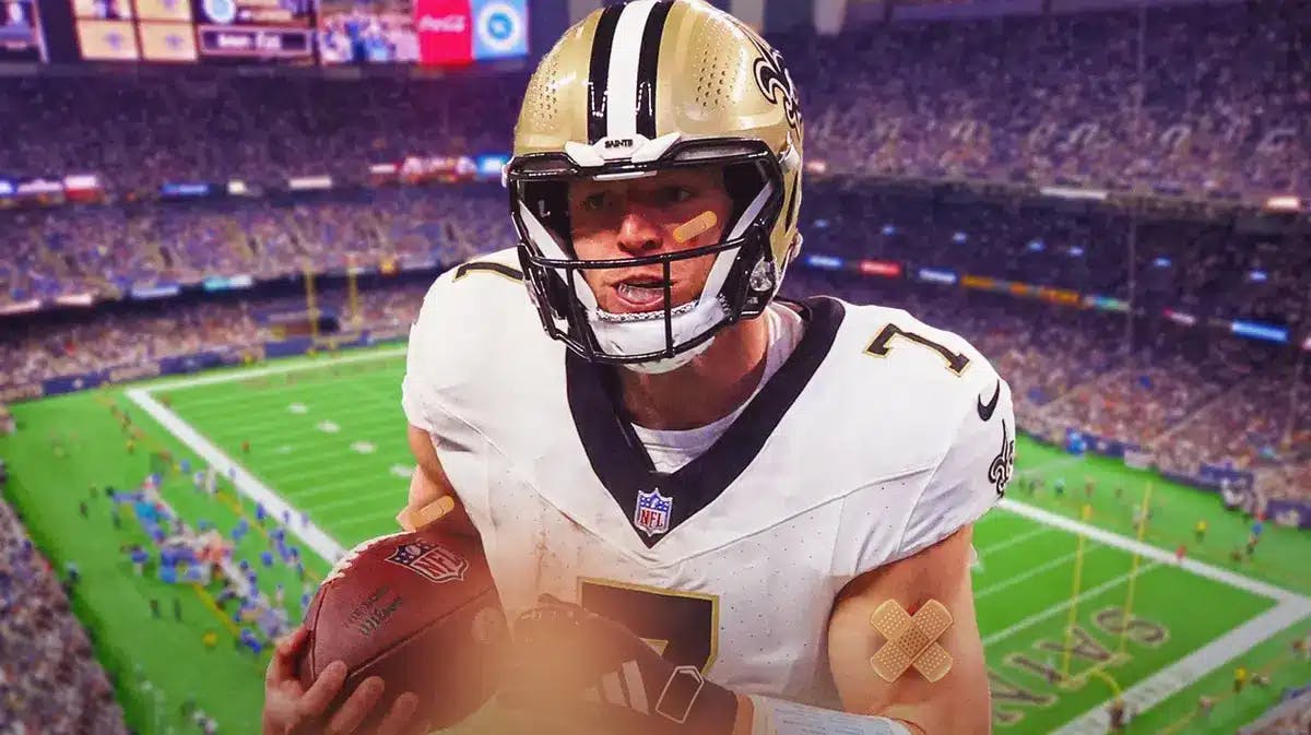 New Orleans Saints' Taysom Hill with multiple bandages placed on him to signify he is injured in different spots.