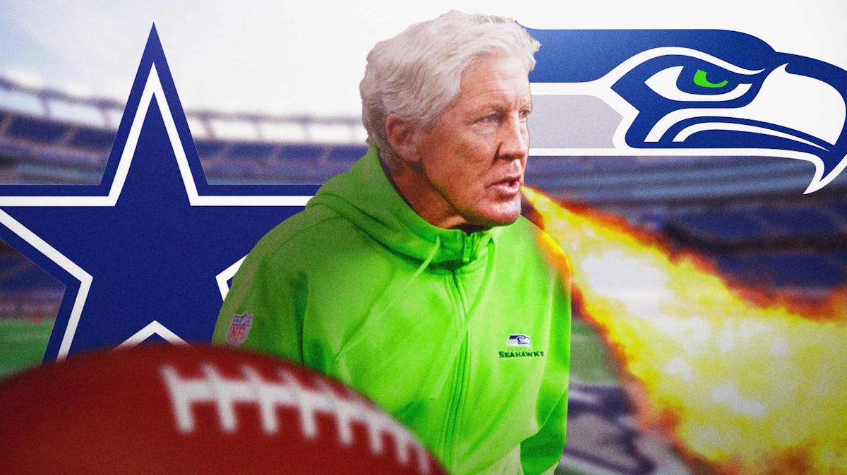 Pete Carroll breathing fire in front. Need the Seahawks and Cowboys logos in background.