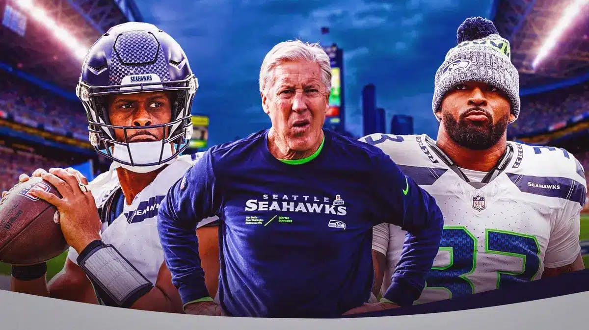 Seattle Seahawks' Pete Carroll in middle of image, with Geno Smith on one side of Carroll and Jamal Adams on the other