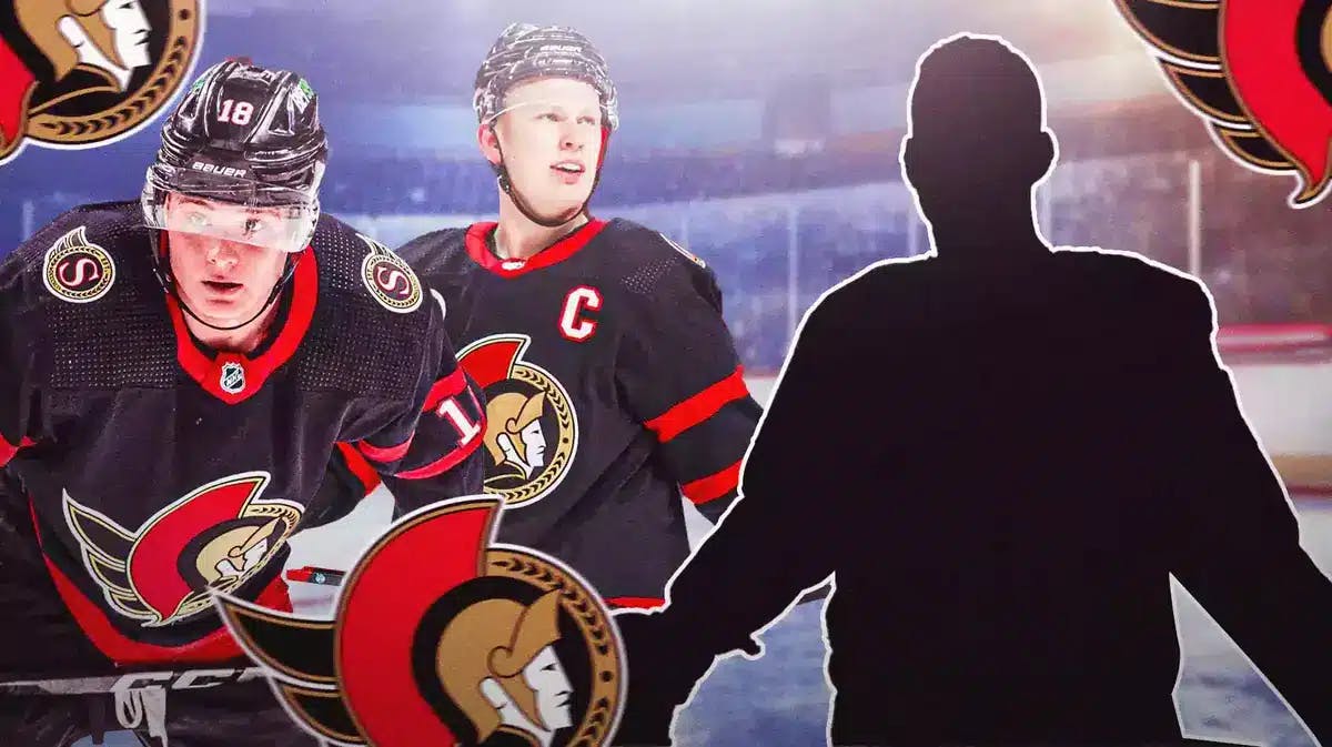 Brady Tkachuk and Tim Stutzle on either side looking at a silhouetted Ottawa Senators player, OTT Senators logo, hockey rink in background