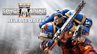 space marine 2, space marine 2 release date, space marine 2 gameplay, space marine 2 story, space marine 2 trailer, key art for the game Space Marine 2 with the words Release Date under the game title
