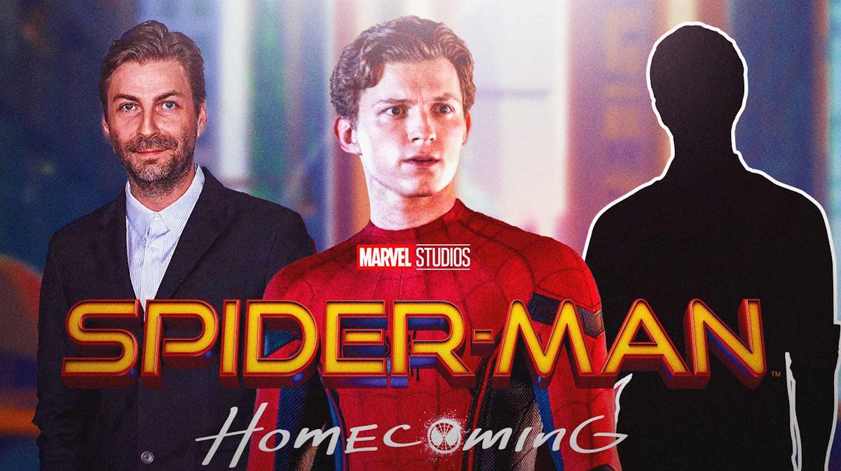 Jon Watts, Tom Holland, and Cabin in the Woods director Drew Goddard behind MCU Spider-Man Homecoming logo.