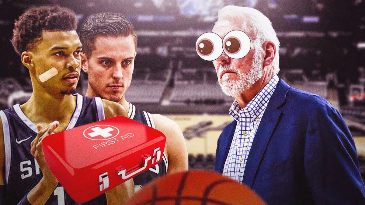 Spurs' Victor Wembanyama, Zach Collins with a first aid kit and Gregg Popovich looking at them with big eyes