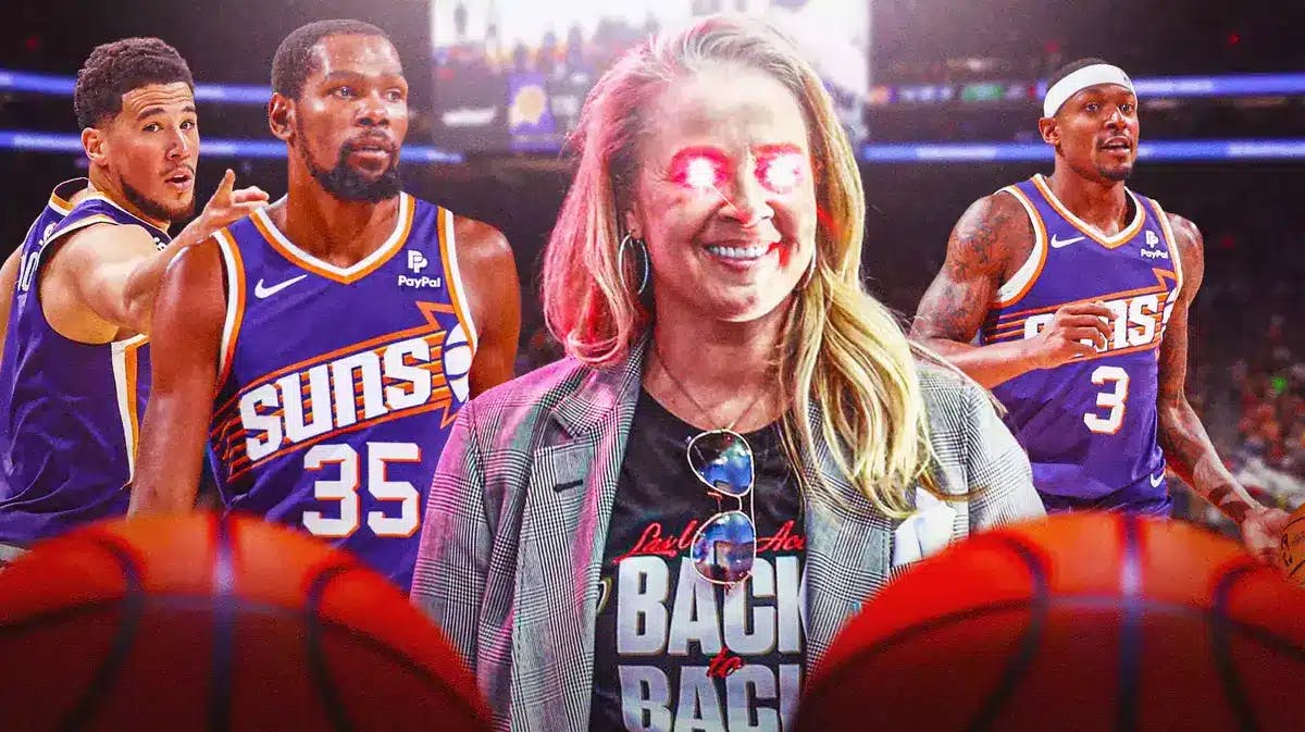 Las Vegas Aces head coach Becky Hammon, with red laser eyes, with Phoenix Suns players Devin Booker, Kevin Durant and Bradley Beal behind Hammon.