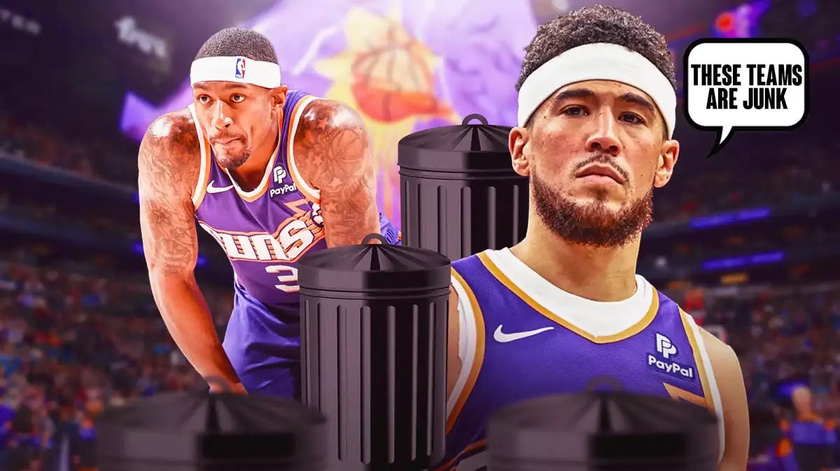Devin Booker and Bradley Beal with a trash can between them. Speech bubble for Devin Booker that says “these teams are junk”