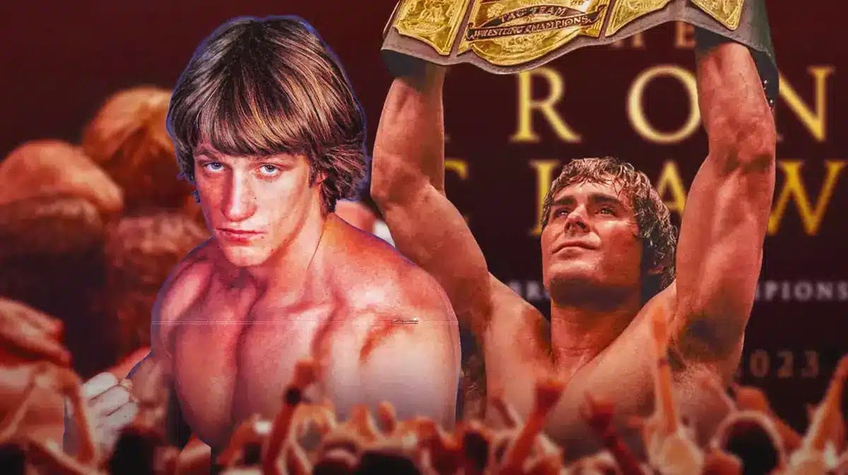 Kevin Von Erich next to Zac Efron playing Kevin Von Erich with the The Iron Claw poster as the background.