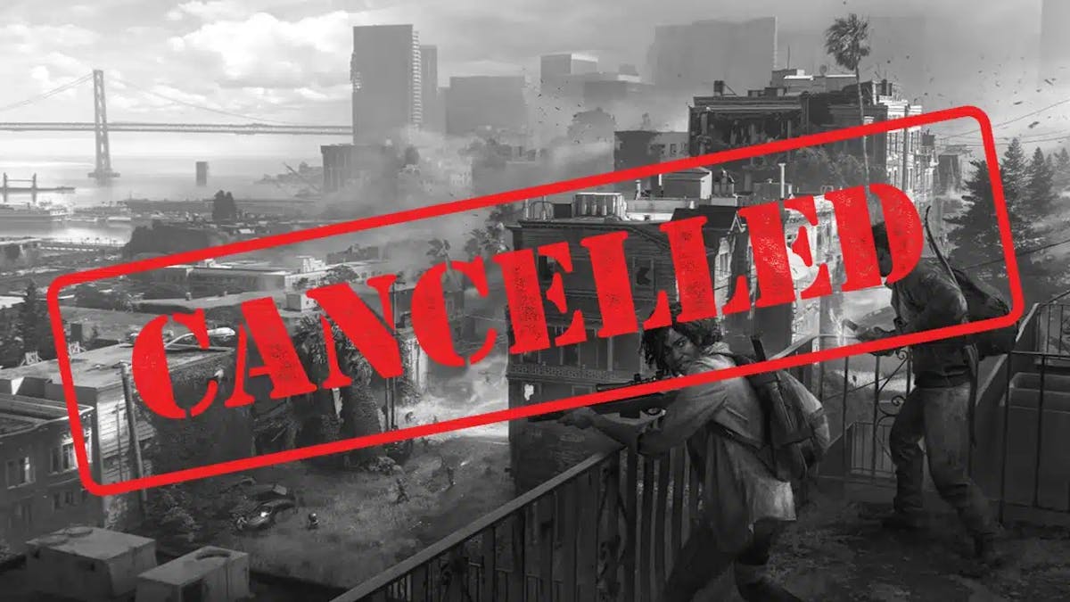 last us online cancelled, last us online, the last of us, naughty dog, a black and white image of the last of us online key art with a red canceled on it