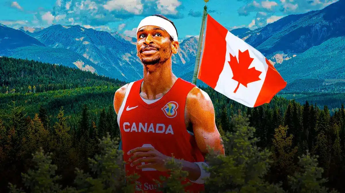 Shai Gilgeous-Alexander in Canada Jersey with Canadian mountains and flag in the background
