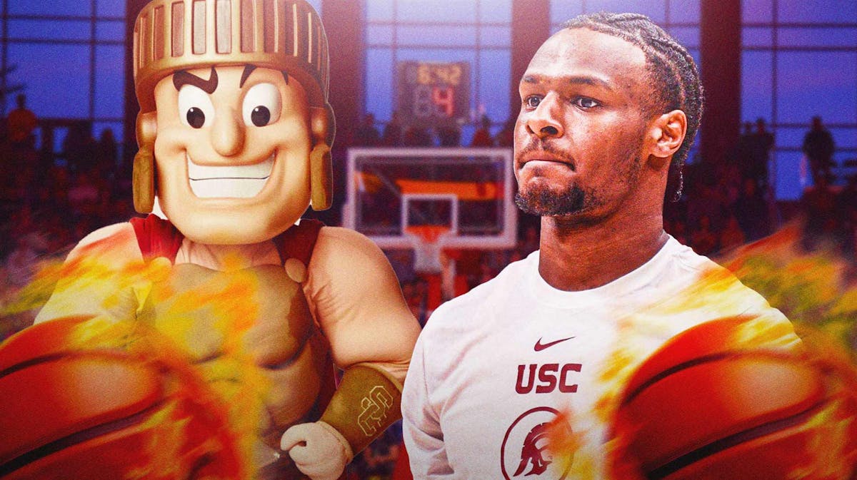 Bronny James (USC basketball) on fire with USC Trojans mascot