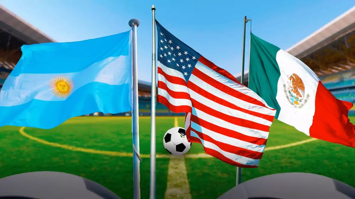 USA flag, Mexico flag and Argentina flag on a soccer field, with soccer balls in foreground