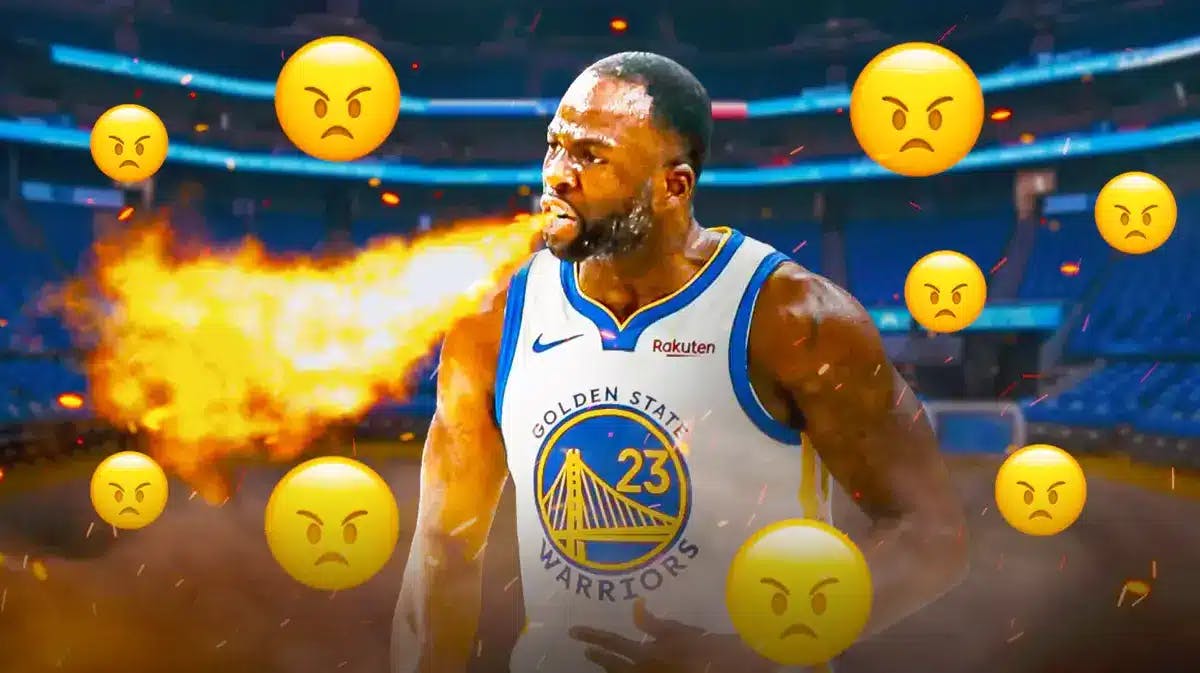 Draymond Green with fire coming out his mouth and angry emojis behind him