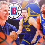 Steve Kerr in middle looking impressed, Dario Saric and Jonathan Kuminga on either side, Warriors and Clippers logos, basketball court in background