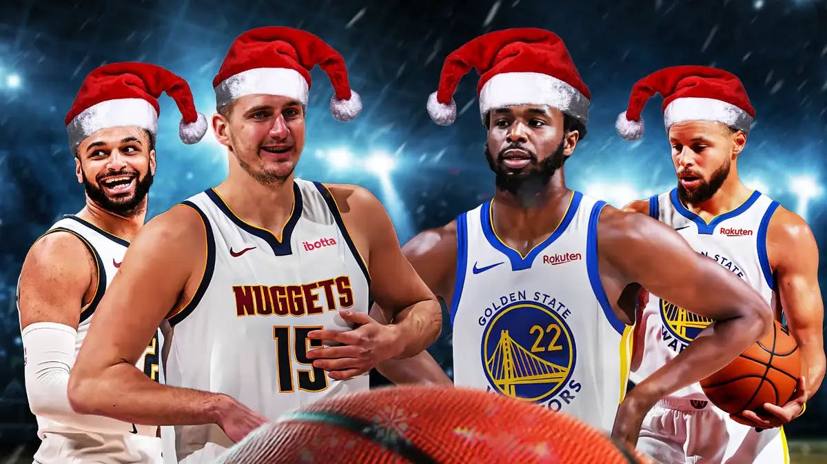 Nuggets' Jamal Murray and Nikola Jokic with Warriors' Andrew Wiggins and Stephen Curry, all in Santa hats