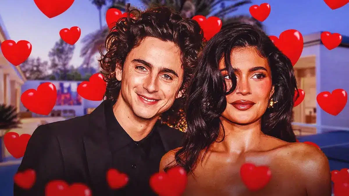 Kylie Jenner and Timothée Chalamet with hearts around them