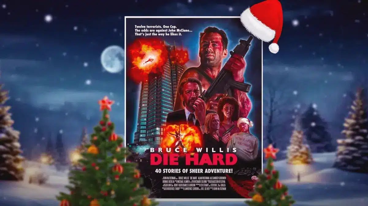 Movie poster for Die Hard with Bruce Willis and Christmas trees.