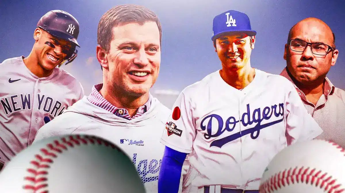Dodgers' Shohei Ohtani in front smiling. In background, Dodgers' Andrew Friedman smiling, Yankees' Aaron Judge smiling, Giants' Farhan Zaidi looking serious/upset