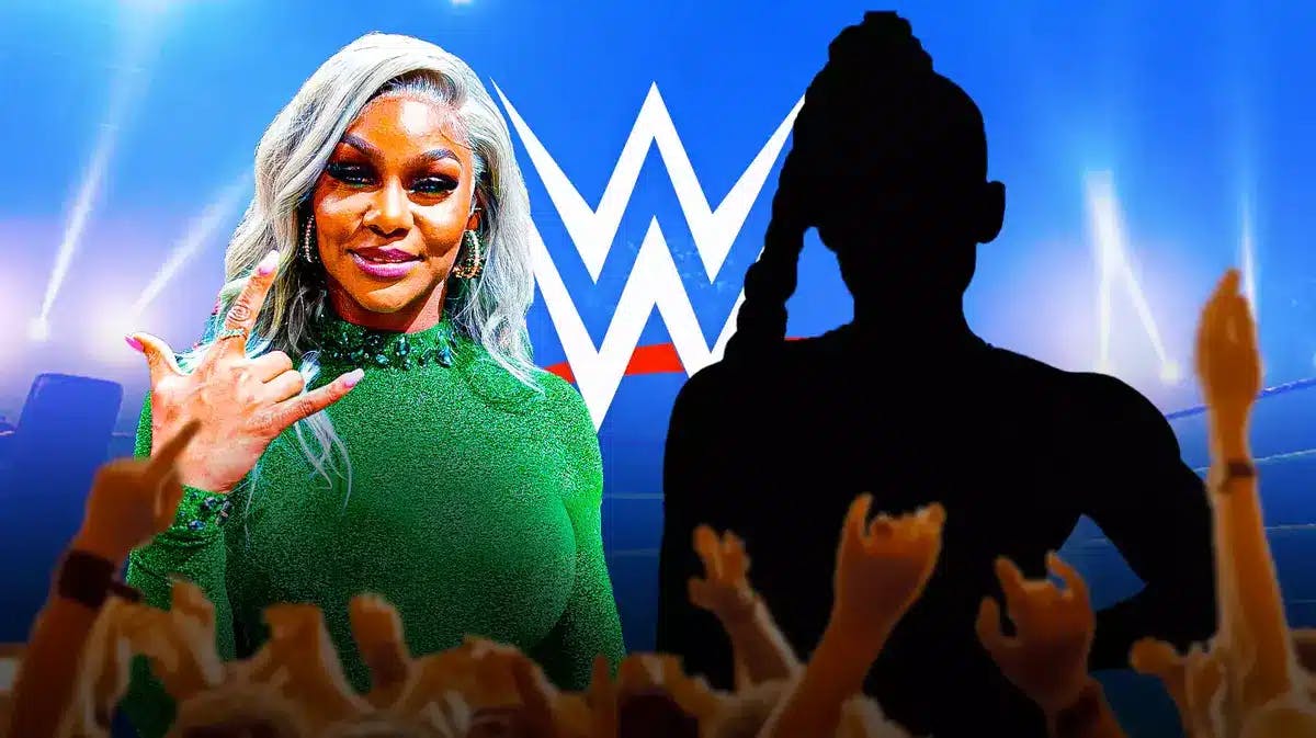 Jade Cargill next to the blacked out silhouette of Bianca Belair in a WWE ring with the WWE logo in the background.