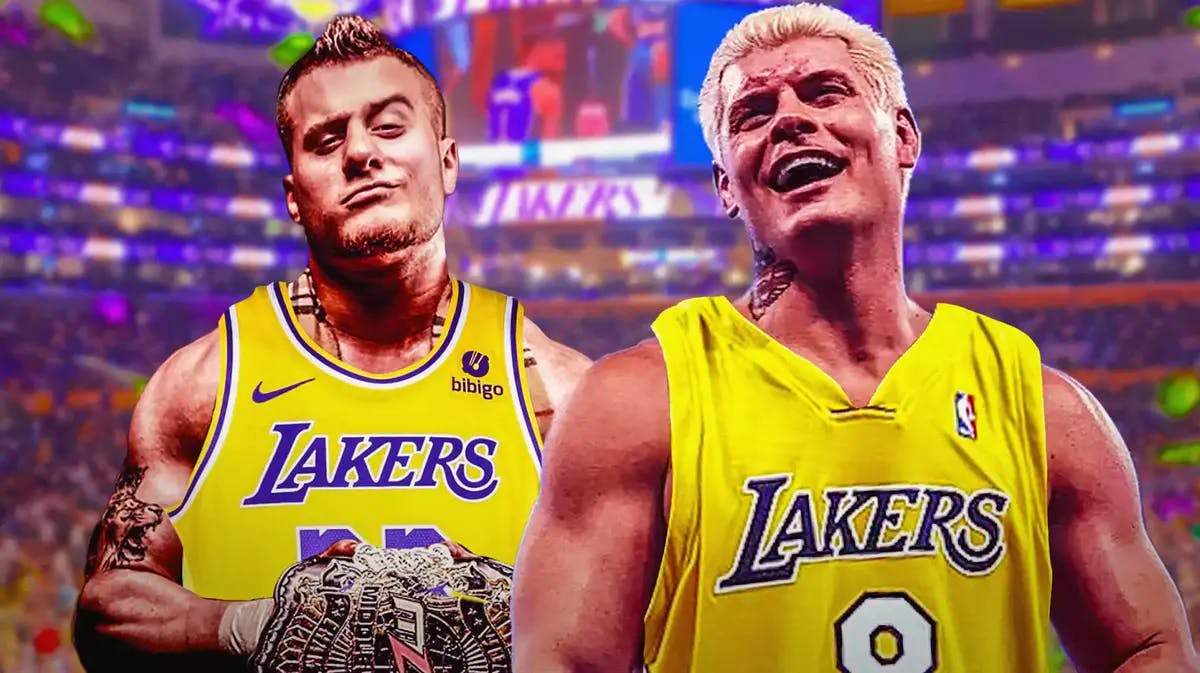 MJF wearing a number 23 Lakers jersey next to Cody Rhodes wearing a number 8 Lakers jersey with the Staples Center behind them.