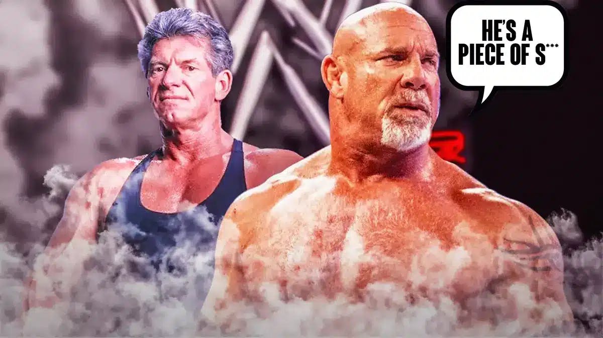 Goldberg with a text bubble reading “He’s a piece of s***” next to Vince McMahon with the WWE logo as the background.