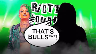 AEW’s Ruby Soho next to the blacked-out silhouette of Glenn Danzig with a text bubble reading “That’s Bulls***!” with the The Riott Squad logo as the background.