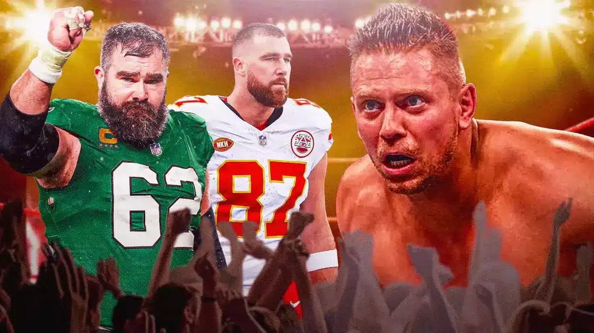 Jason and Travis Kelce with WWE star The Miz and wrestling ring background.